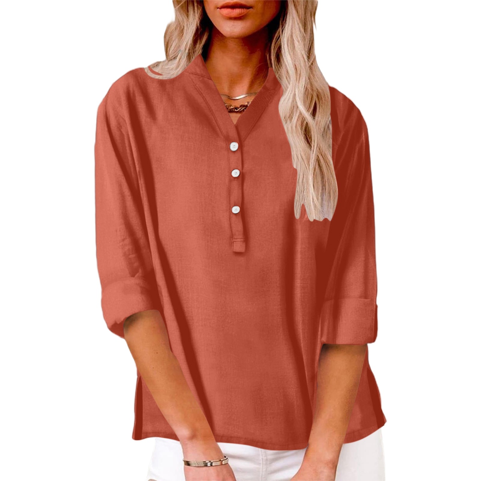 thumbnail image 4 of Camisa informal de manga larga con cuello en V para mujer: color liso, poliéster, versátil para combinar con vaqueros/pantalones, ideal para llevar a diario en primavera/verano., 4 of 7